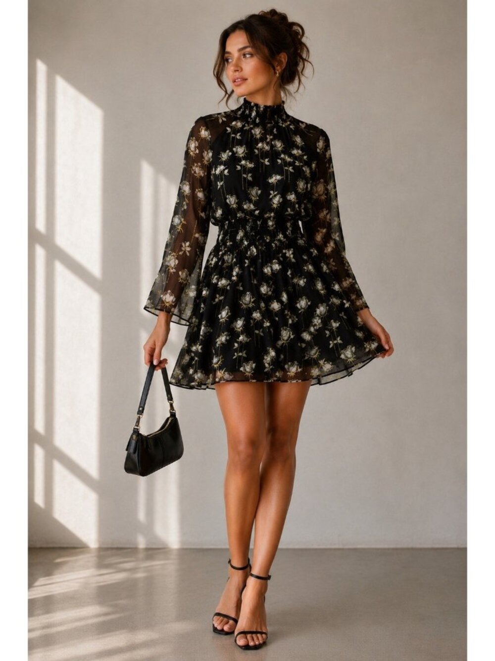 Rachel Roy Smocked Floral Mini Dress XL Black Sheer Bell Sleeve Kimono Boho NWT